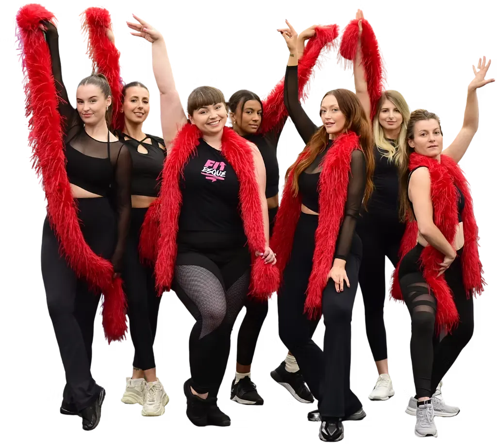The Fitesque crew together, each holding a red boa